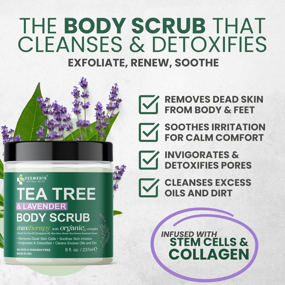 KESMEDIK Pure Tea Tree Scrub jar closeup emphasizes creamy texture with shea butter