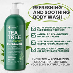 KESMEDIK Tea Tree Body Wash bottle label highlights gentle formula for sensitive skin