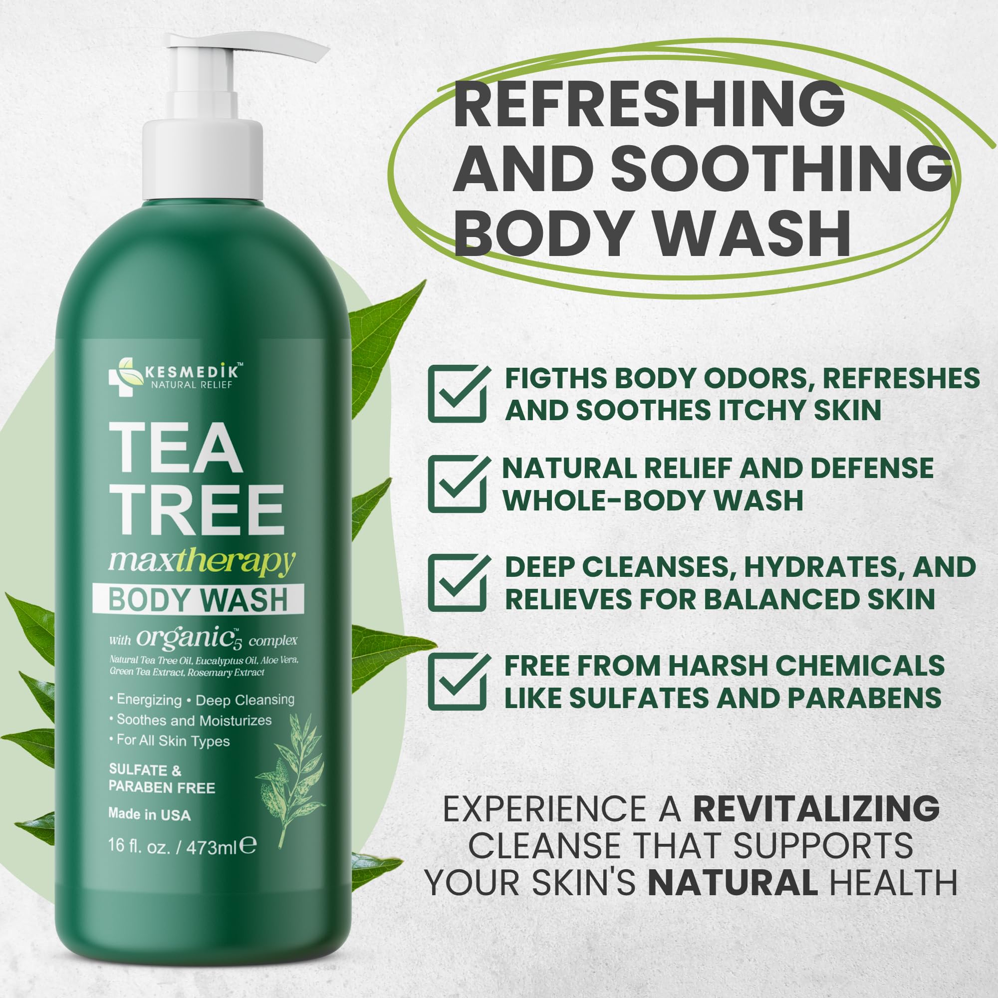 KESMEDIK Tea Tree Body Wash label closeup – tea tree oil emphasis for soothing skin