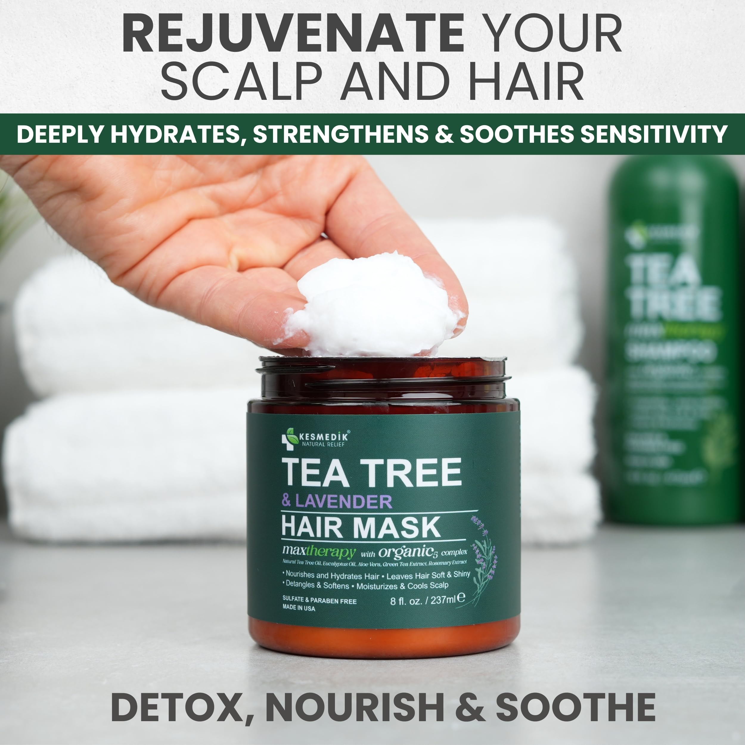 KESMEDIK Tea Tree Hair Mask application on damp hair for hydration.