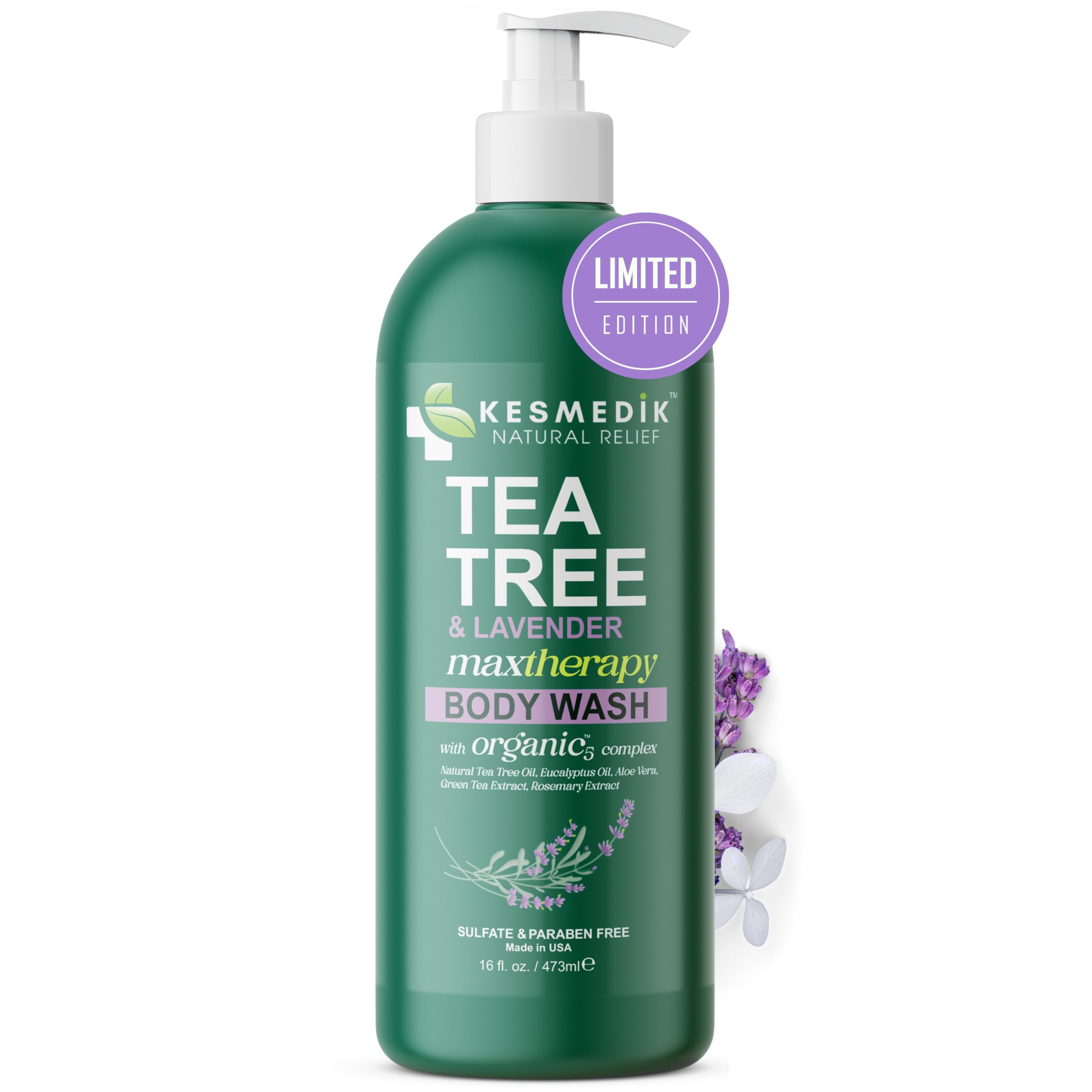 KESMEDIK Tea Tree Lavender Body Wash bottle shows refreshing daily cleanse