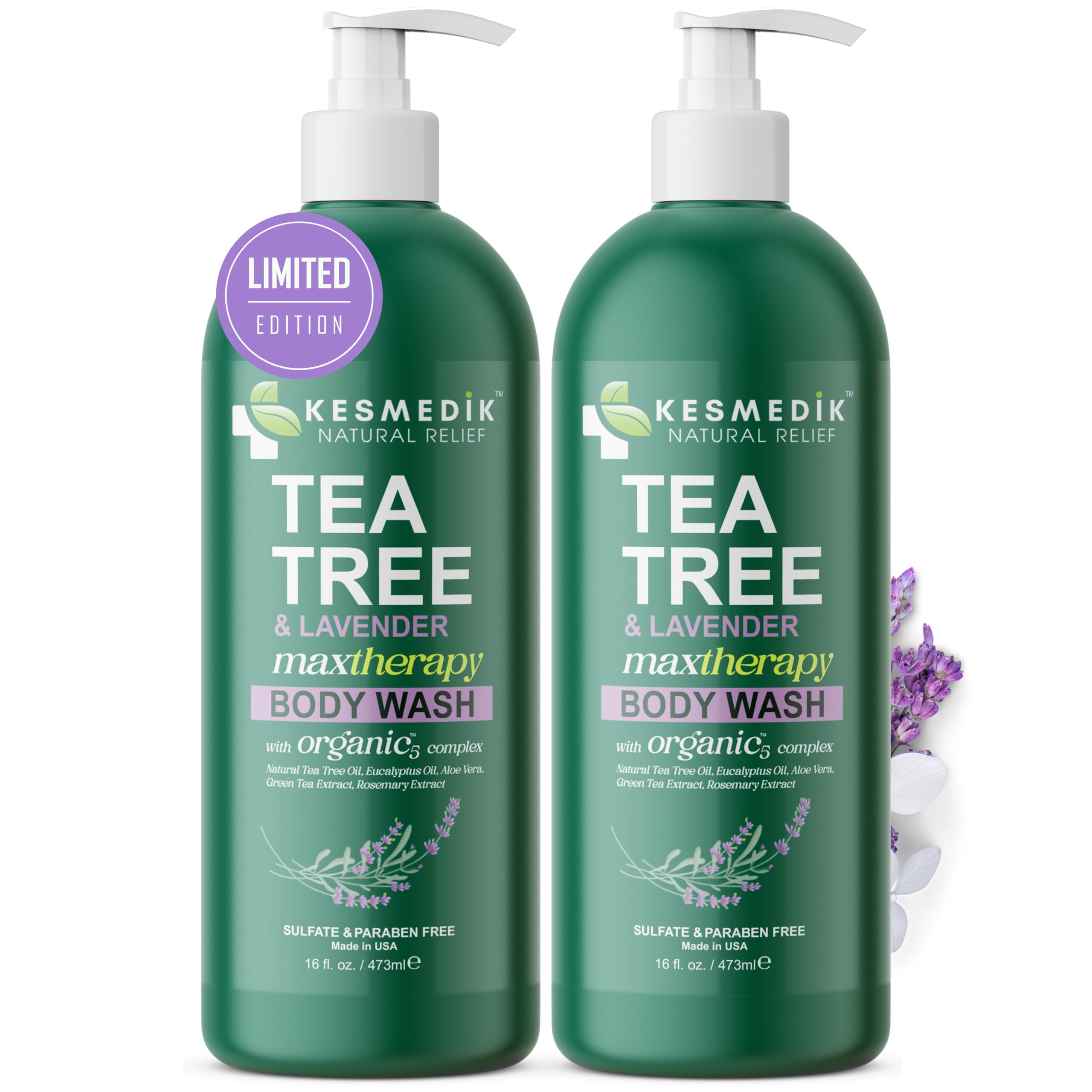 KESMEDIK Tea Tree Lavender Body Wash bottle for refreshing cleanse on irritated skin