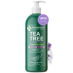 KESMEDIK Tea Tree Lavender Body Wash bottle shows refreshing daily cleanse