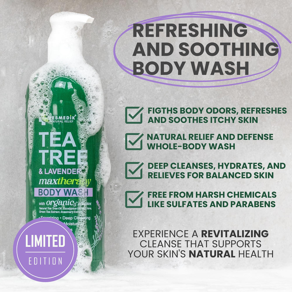 KESMEDIK Tea Tree Lavender Body Wash tea tree oil drop highlights cleansing properties