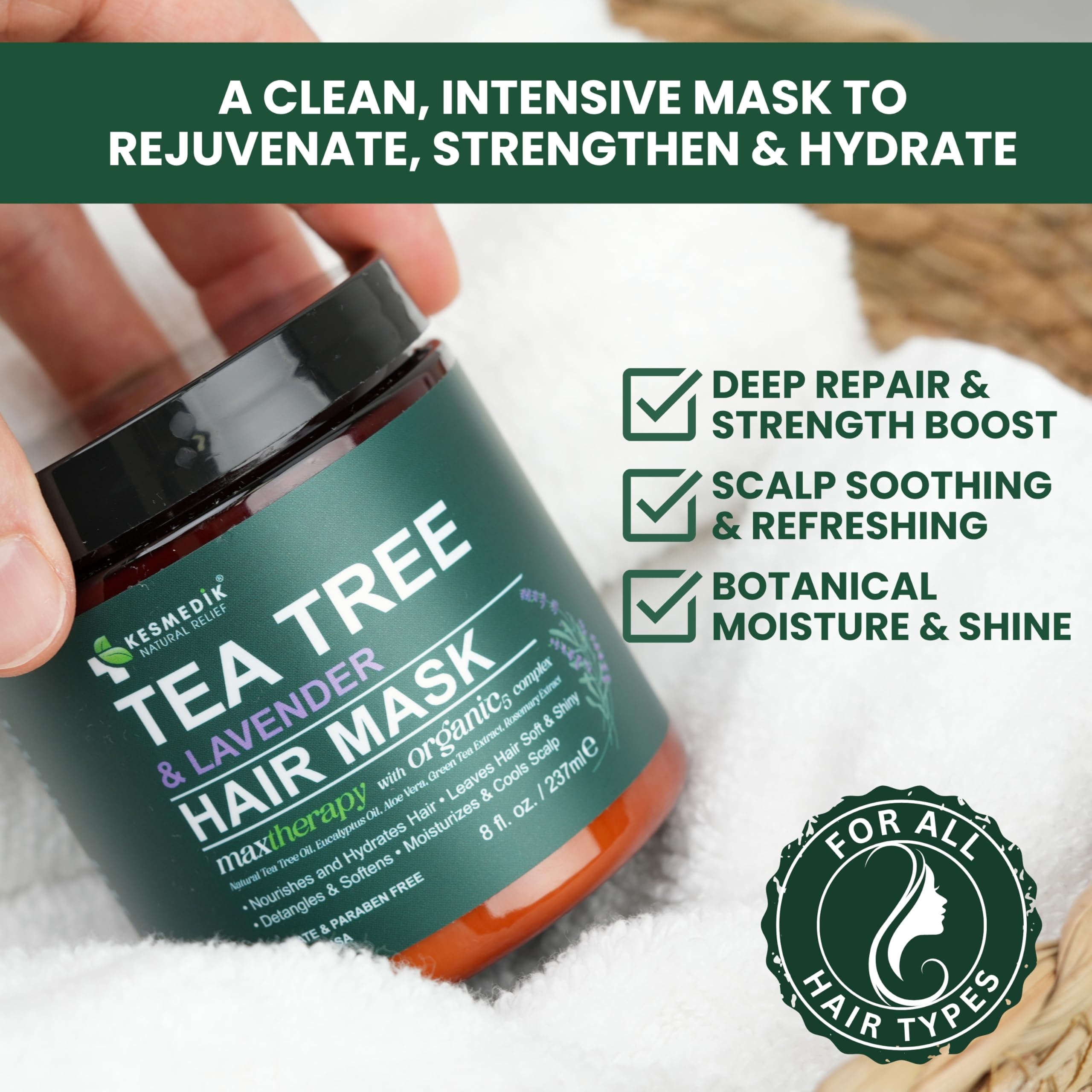 KESMEDIK Lavender Tea Tree blend bottle supports calming scalp care and balance.