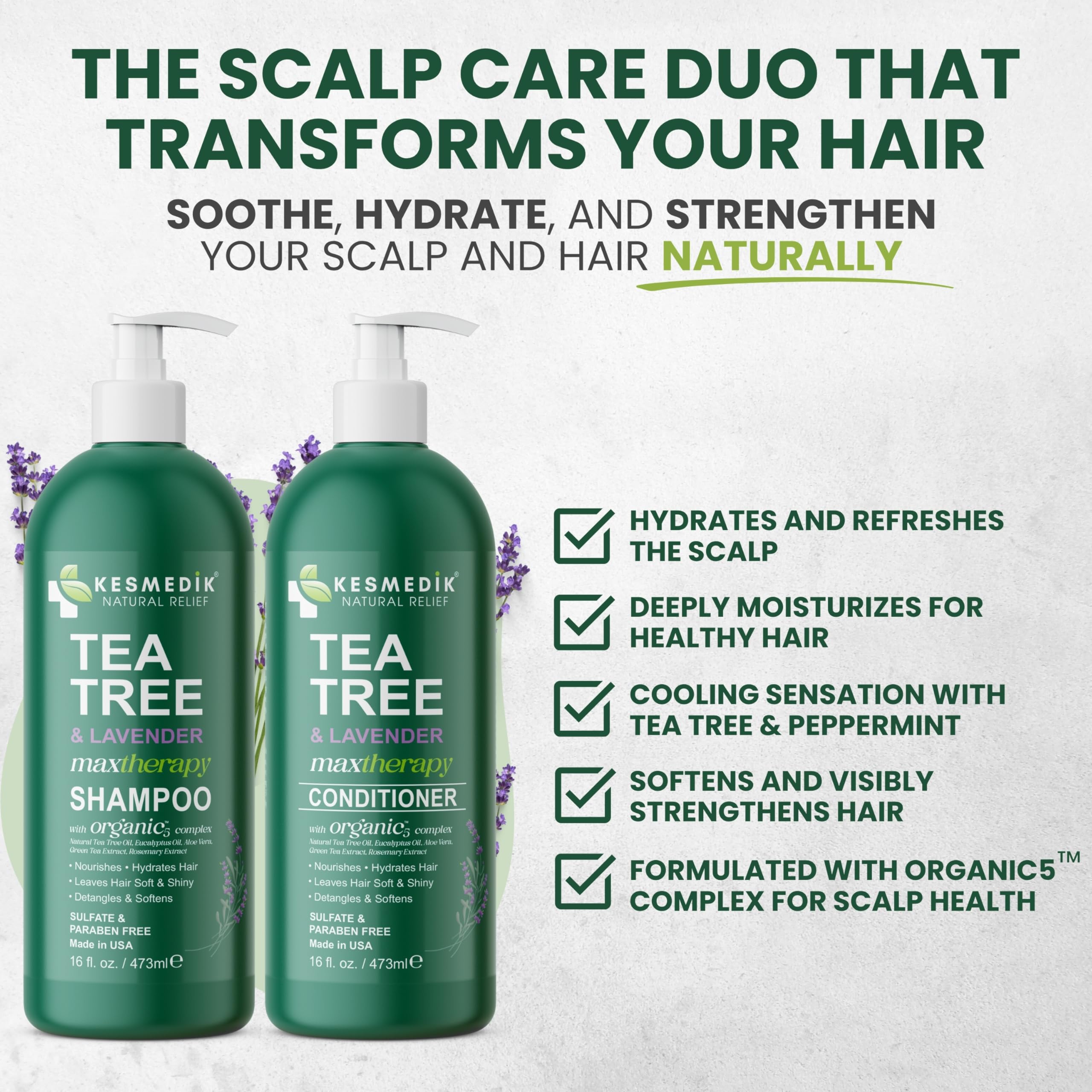 KESMEDIK Tea Tree Lavender Conditioner bottle front signaling smoother, more manageable hair