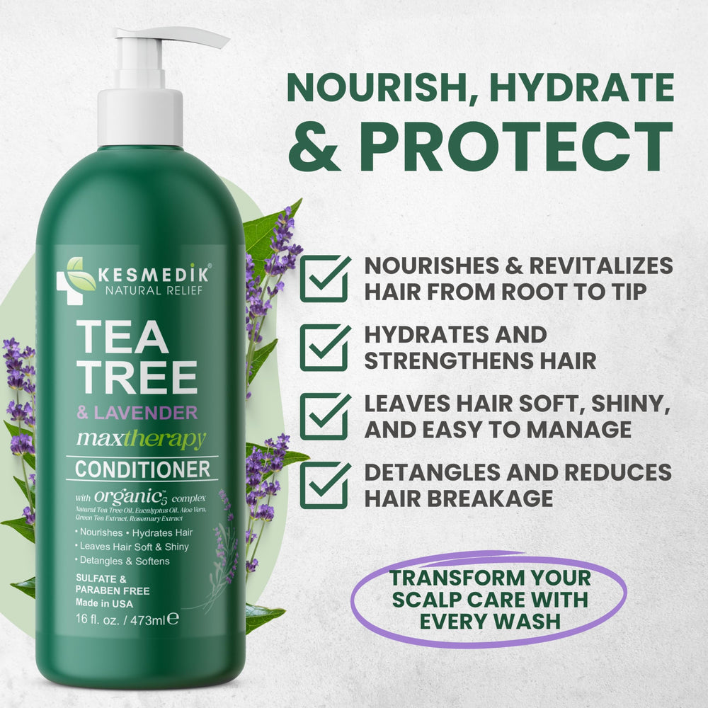 KESMEDIK Tea Tree Lavender Conditioner applying to hair demonstrates detangling ease.