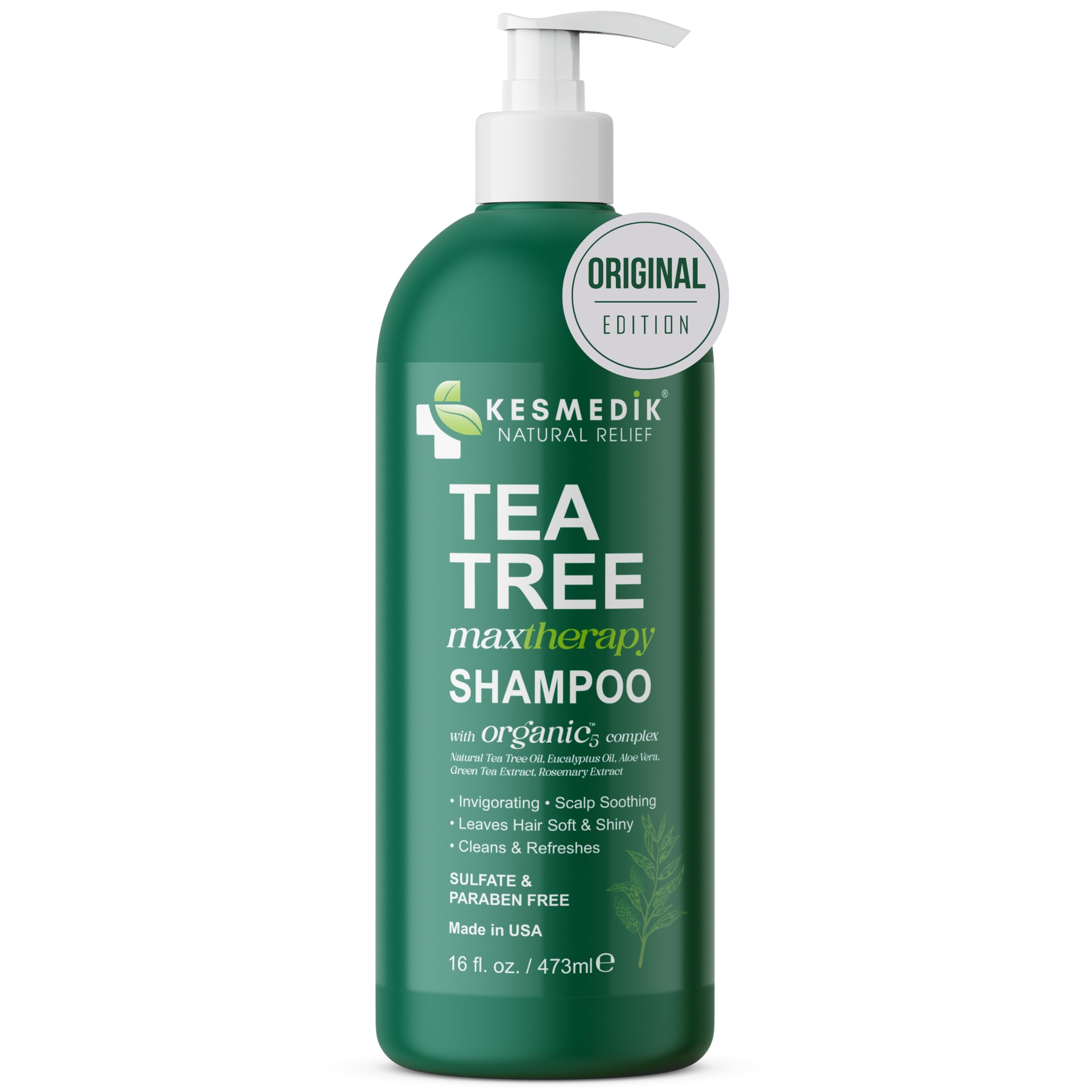 KESMEDIK Tea Tree Oil Shampoo MaxTherapy bottle shows refreshing scalp relief and cleansing action.