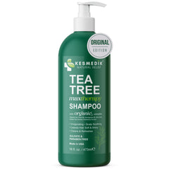 KESMEDIK Tea Tree Oil Shampoo MaxTherapy bottle shows refreshing scalp relief and cleansing action.