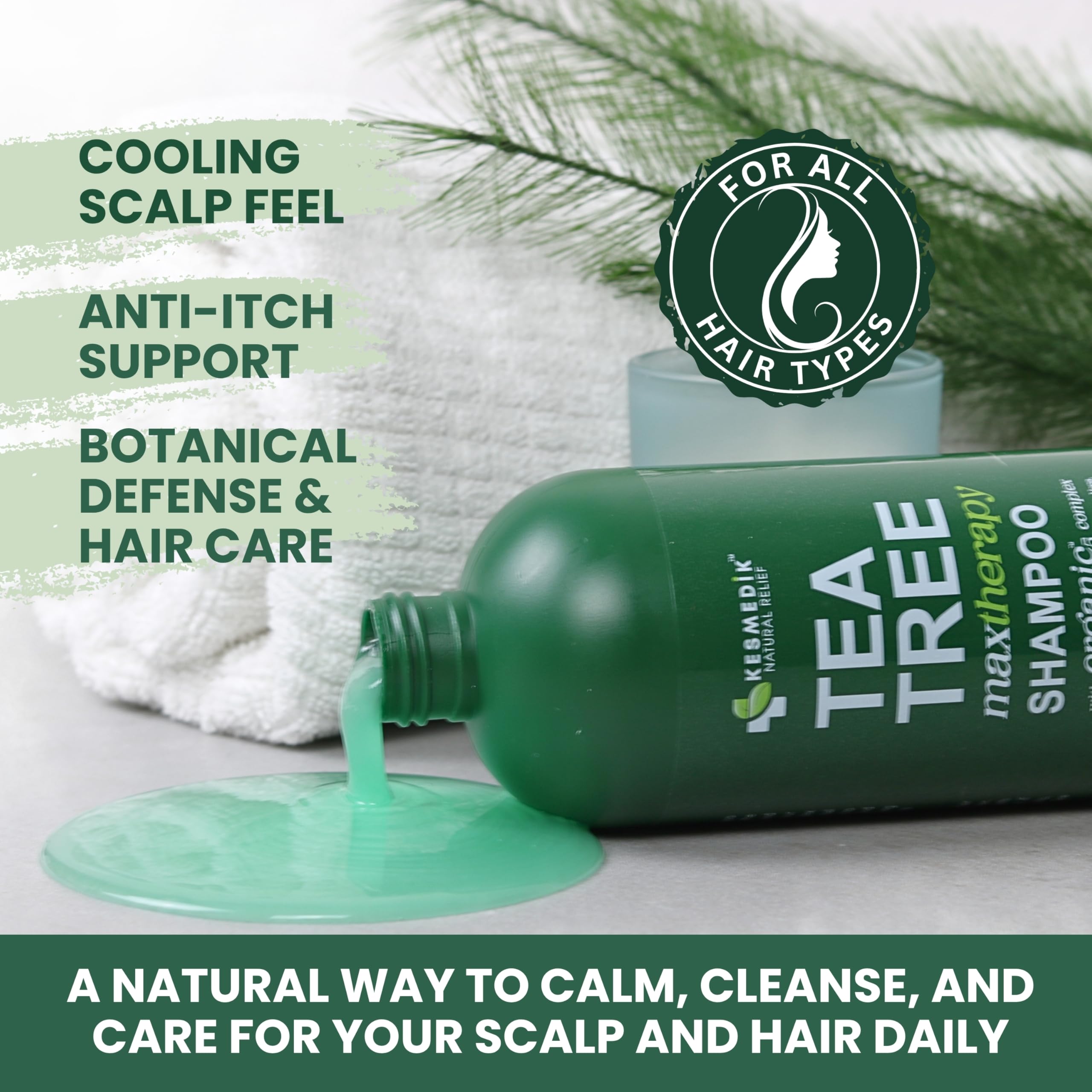 KESMEDIK Tea Tree Oil Shampoo MaxTherapy application demonstrates scalp soothing and redness reduction potential.