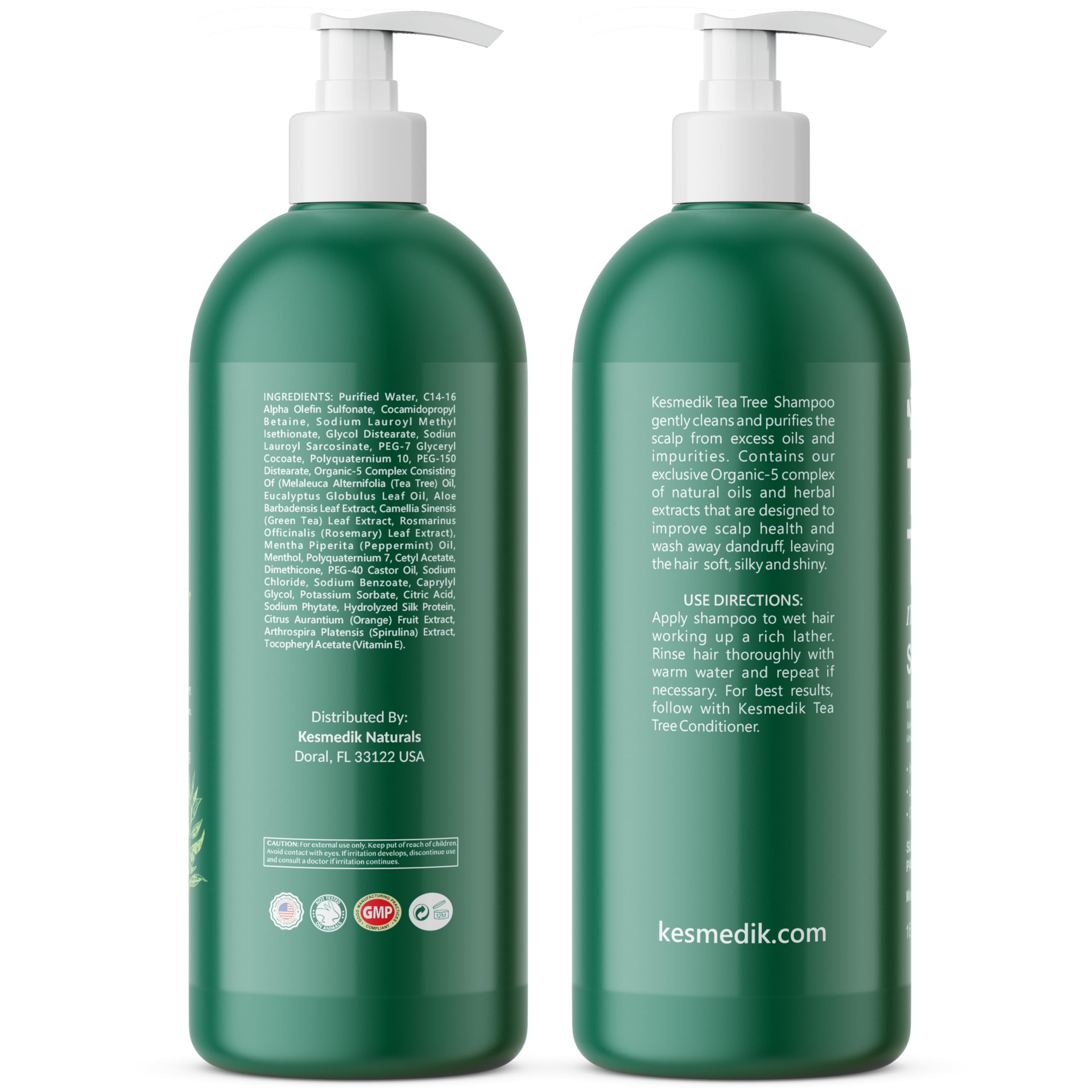 KESMEDIK Tea Tree Oil Shampoo MaxTherapy USA-made GMP facility badge on packaging.