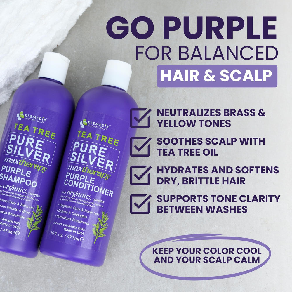 KESMEDIK Tea Tree Purple Conditioner bottle provides hydration to boost color longevity