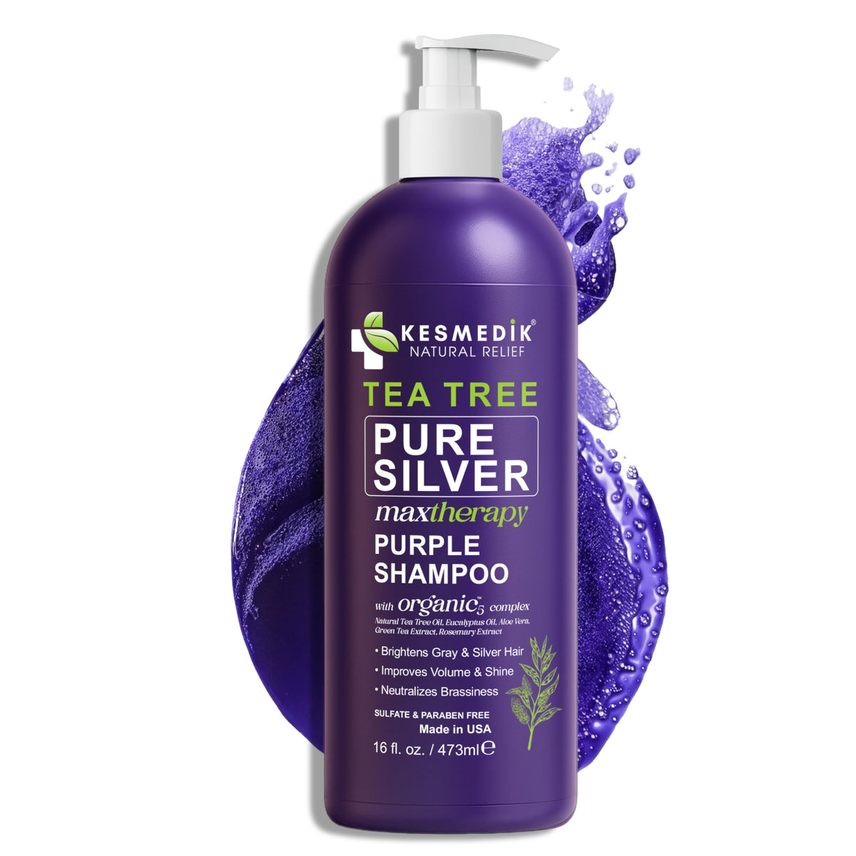 KESMEDIK Tea Tree Purple Shampoo bottle front shows anti-brass toning for cooler blonde tones