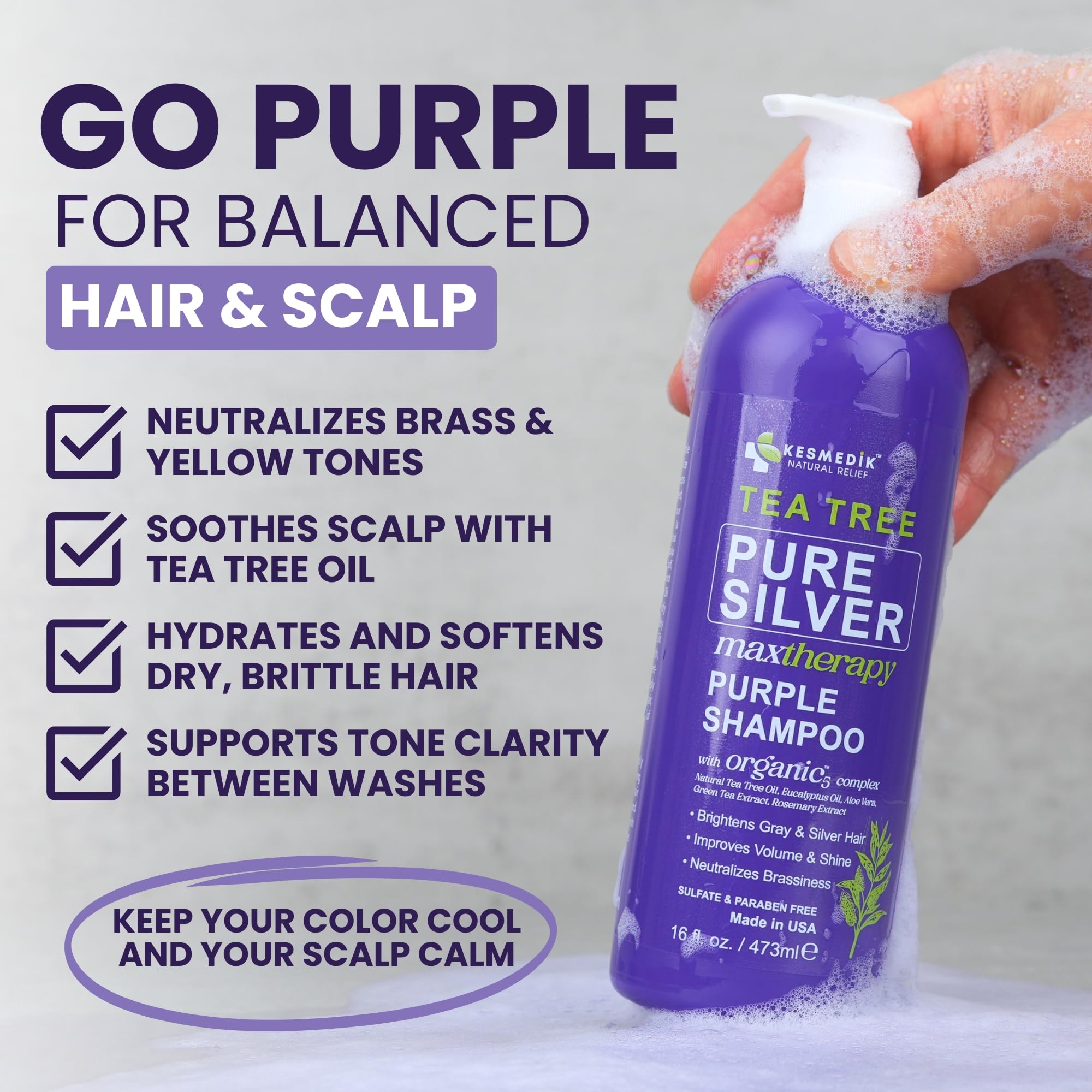KESMEDIK Tea Tree Purple Shampoo bottle label emphasizes color protection and sulfate-free formula