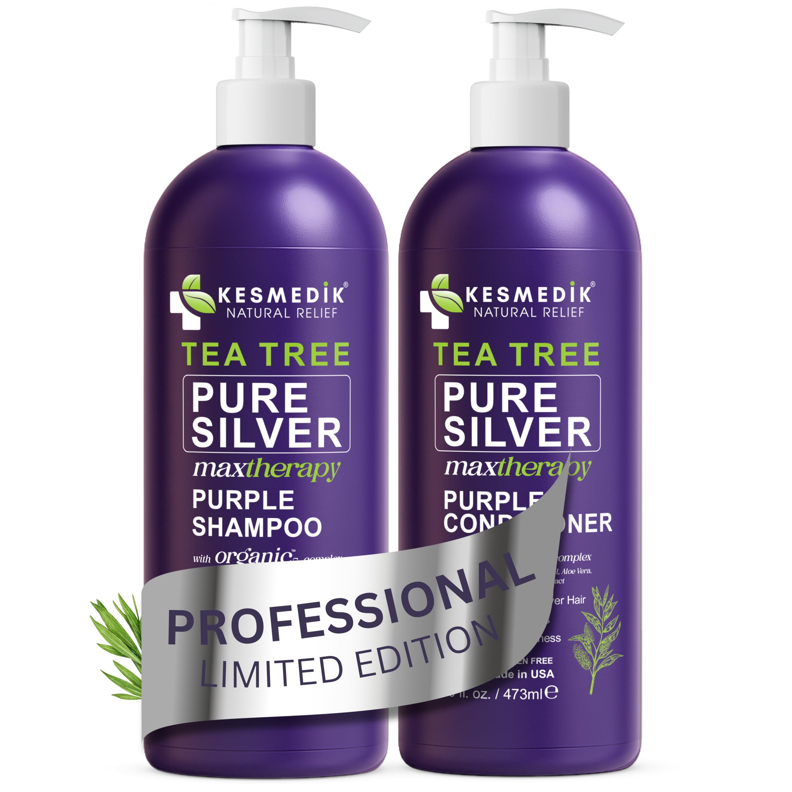 KESMEDIK Tea Tree Purple Shampoo bottle promotes vibrant cool tones after every wash