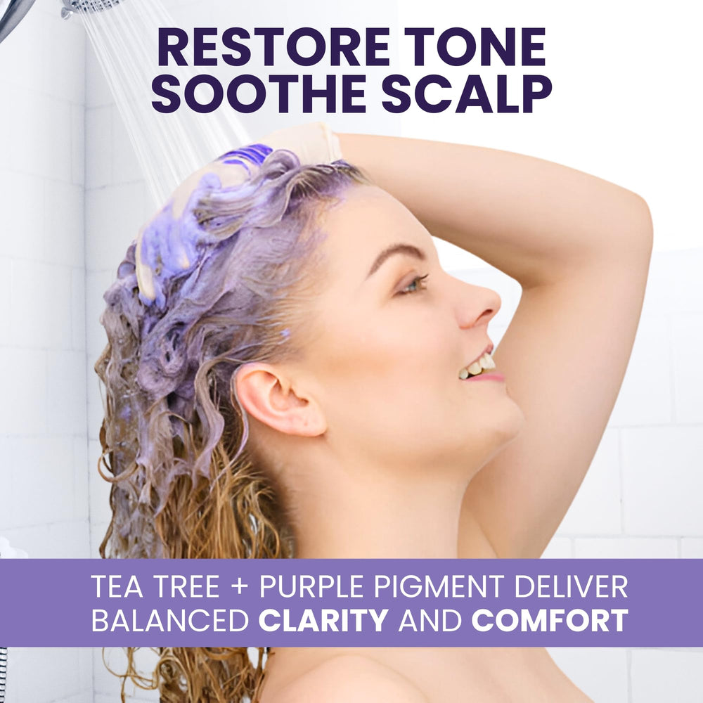 KESMEDIK Tea Tree Purple Shampoo with swatches on hair demonstrates enhanced color brightness