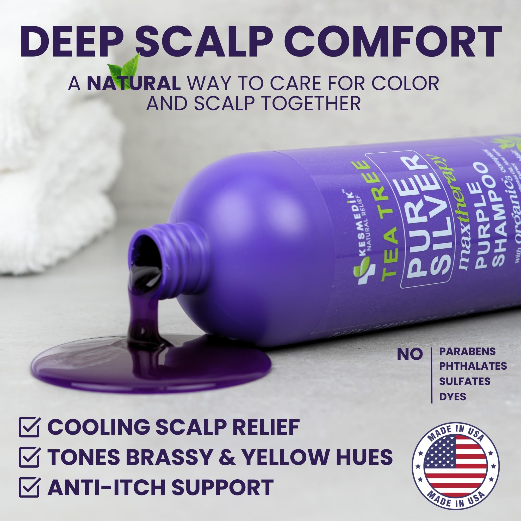 KESMEDIK Tea Tree oil closeup highlights natural soothing botanicals for dry scalp relief