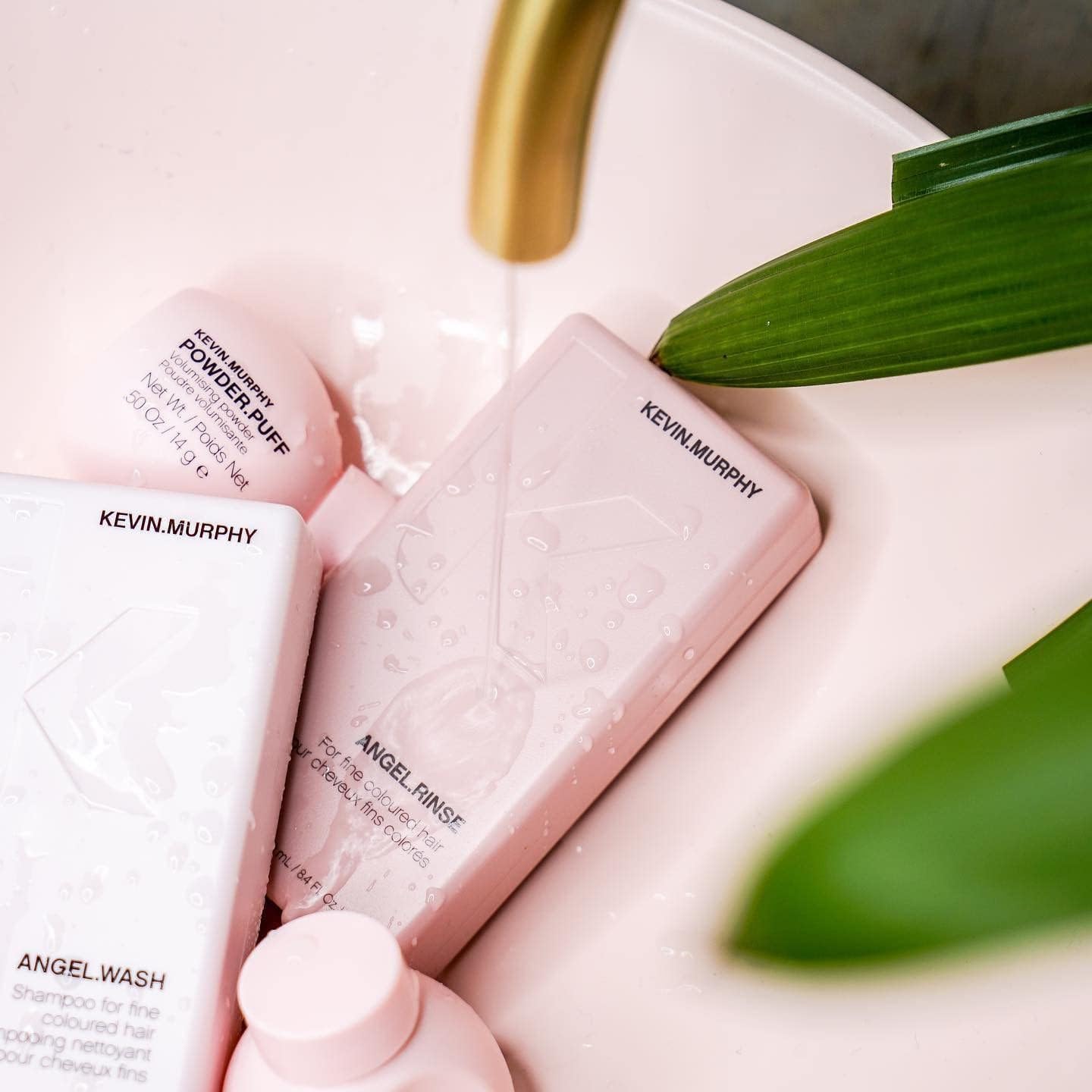Kevin Murphy Angel Rinse bottle front highlighting detangling and color-friendly conditioning.