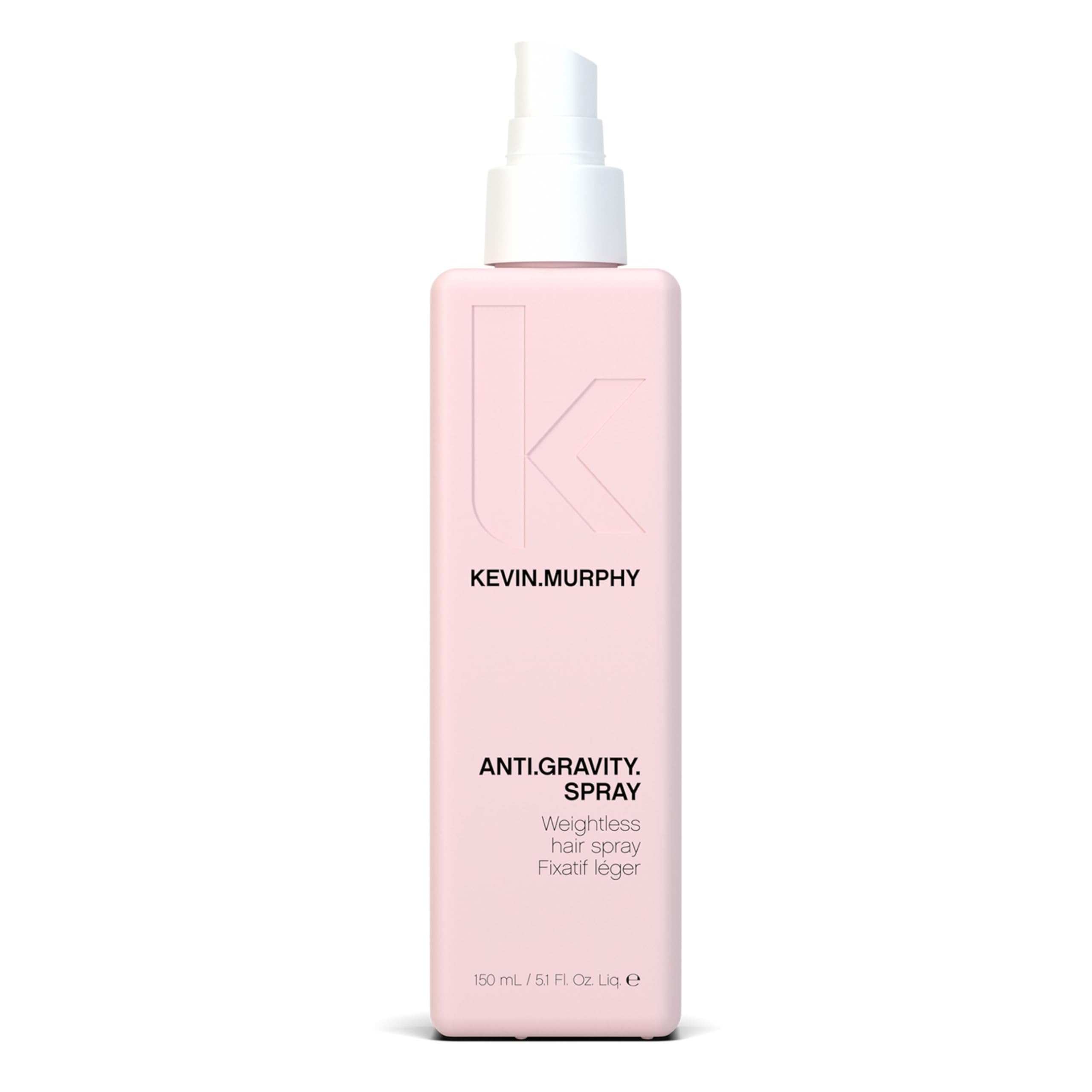 KEVIN.MURPHY ANTI.GRAVITY.SPRAY bottle closeup showing weightless hold and luminous shine.