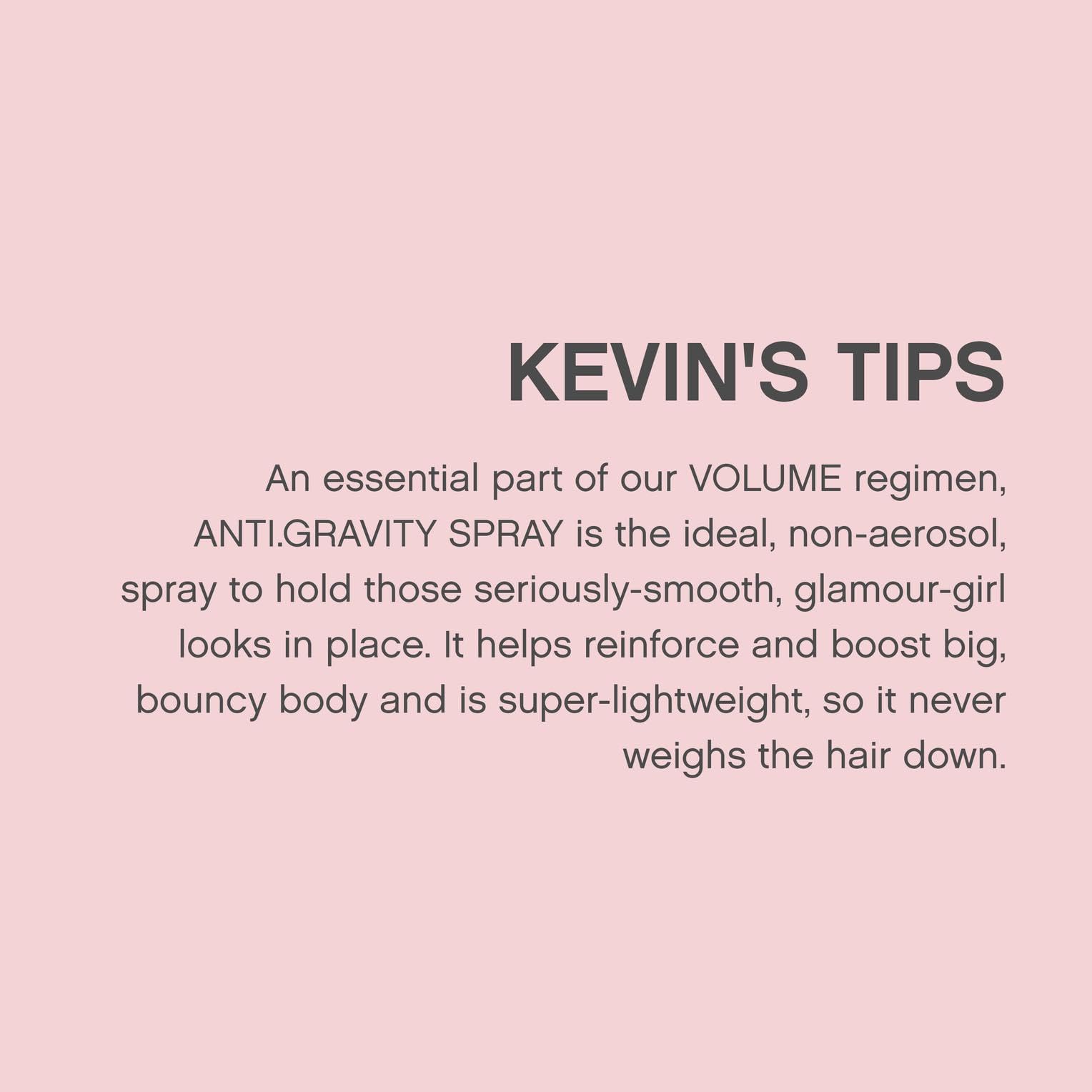 KEVIN.MURPHY ANTI.GRAVITY.SPRAY non-aerosol packaging emphasizing environmentally friendly design.