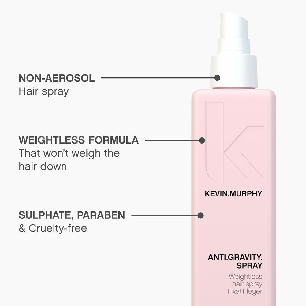 KEVIN.MURPHY ANTI.GRAVITY.SPRAY shine finish on styled hair for vibrant looks.