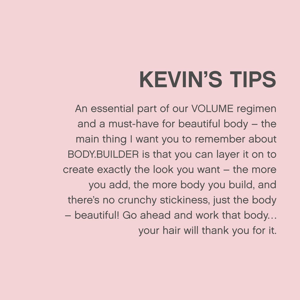KEVIN.MURPHY BODY.BUILDER bottle with shine on hair demonstrates healthy-looking gloss.