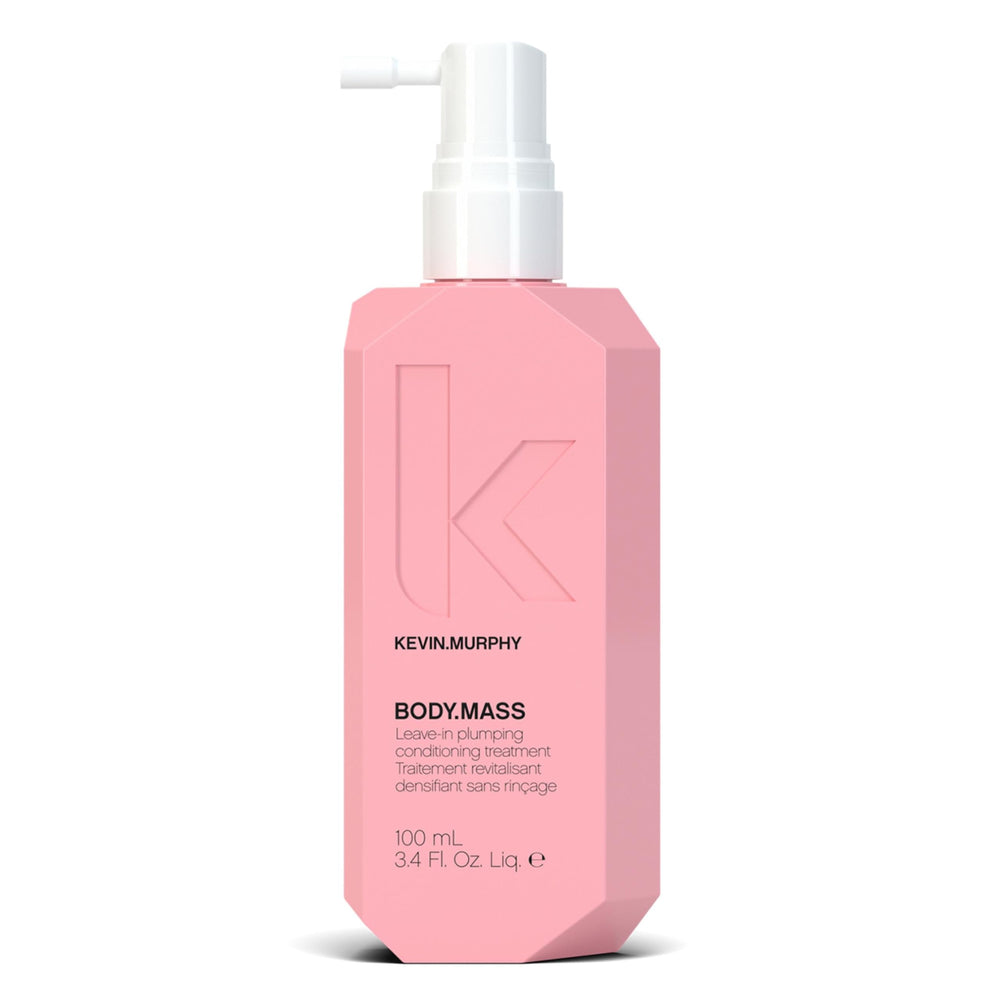 Kevin Murphy Body Mass bottle pour demonstrates thickening formula for fuller-looking hair.