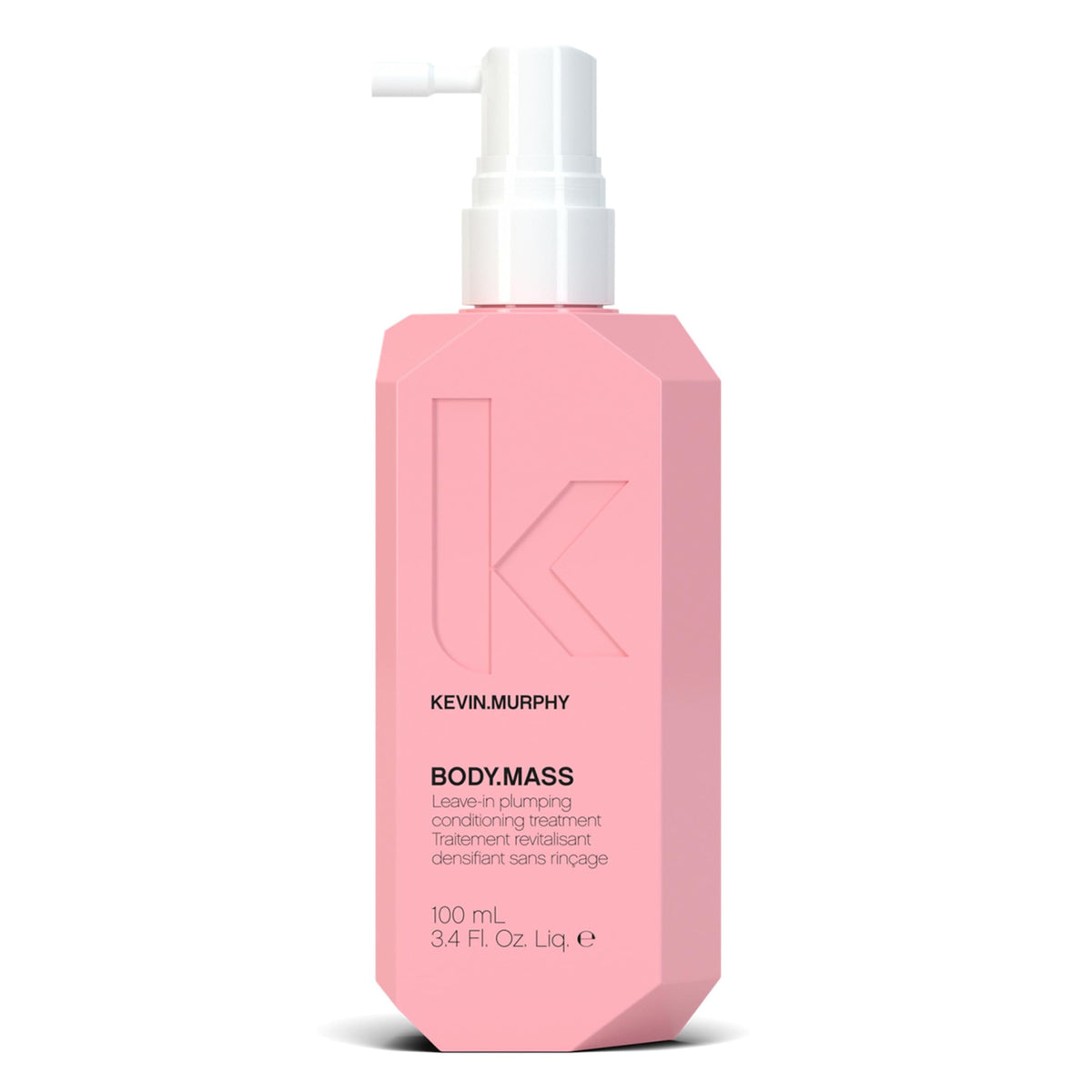 Kevin Murphy Body Mass bottle pour demonstrates thickening formula for fuller-looking hair.