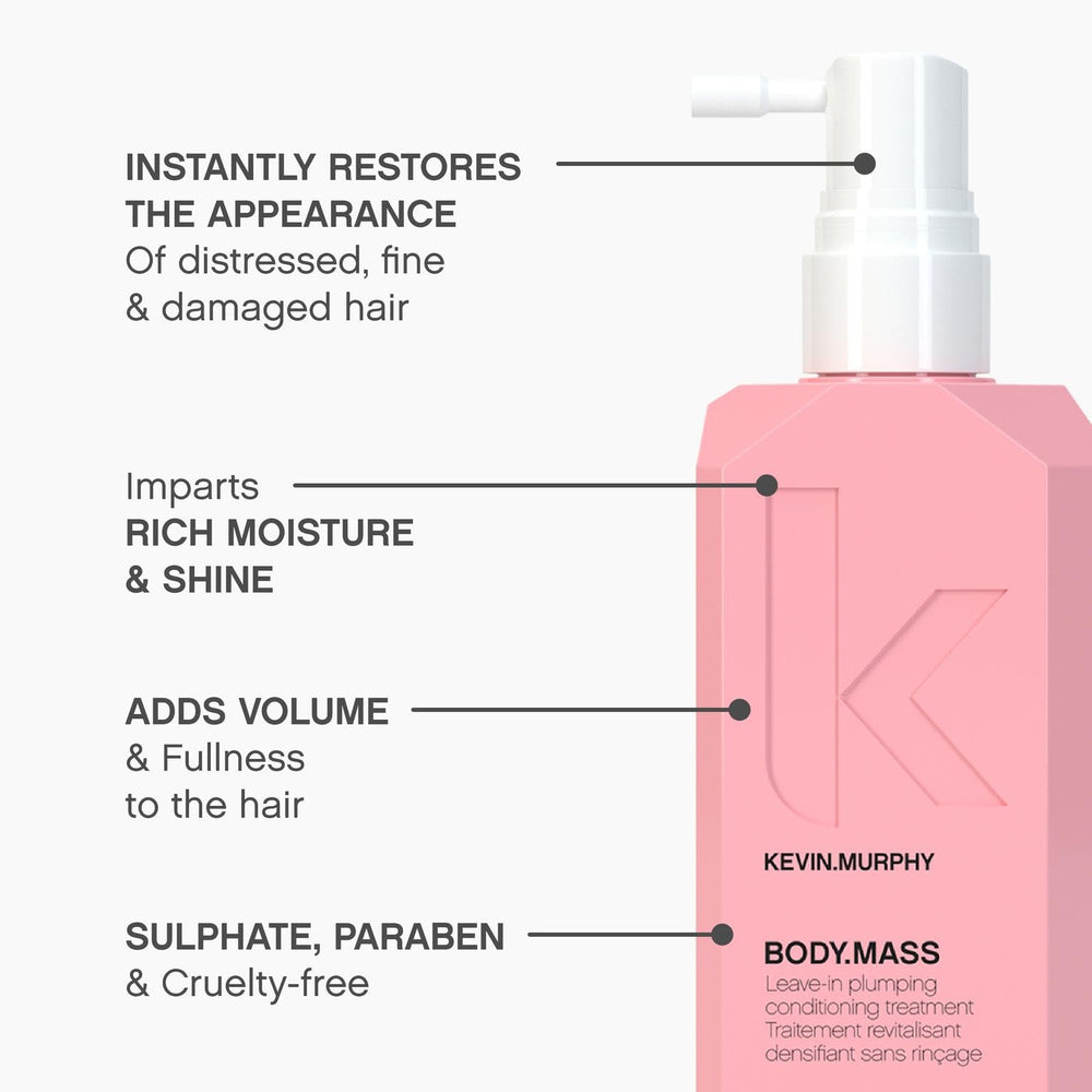 Kevin Murphy Body Mass application scene illustrates leave-in styling for volumized hair.