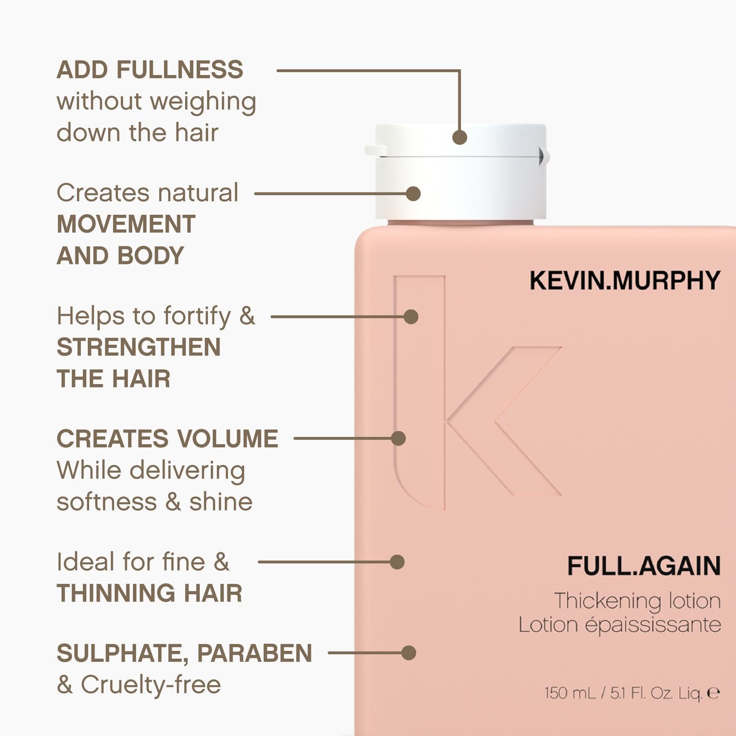 KEVIN.MURPHY FULL.AGAIN hair-thickening-effect-closeup shows fuller-looking strands with movement.