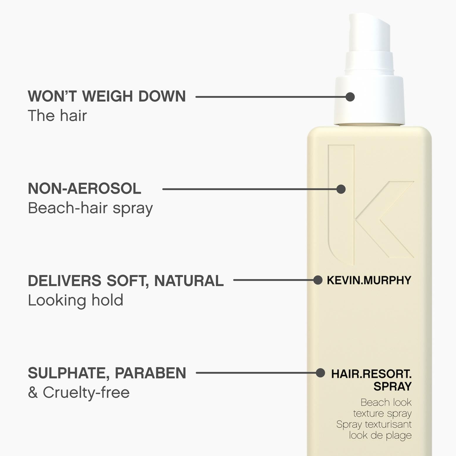 KEVIN.MURPHY HAIR.RESORT.SPRAY nourishing-formula nourishes with silk and amino acids.