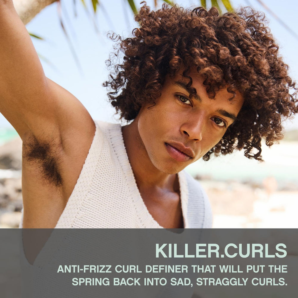 Kevin.Murphy Killer.Curls curl-activation cream pump demonstrates defined, bouncy curls.