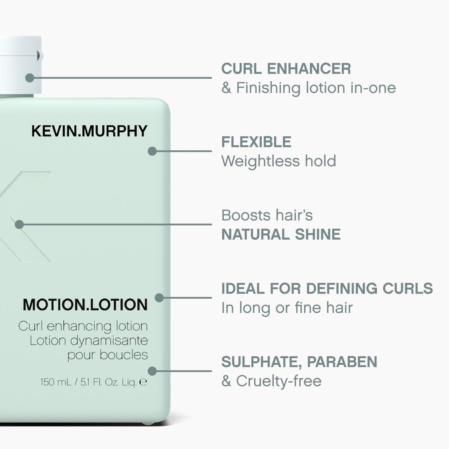 KEVIN.MURPHY MOTION.LOTION on shelf with packaging and nourishing oils