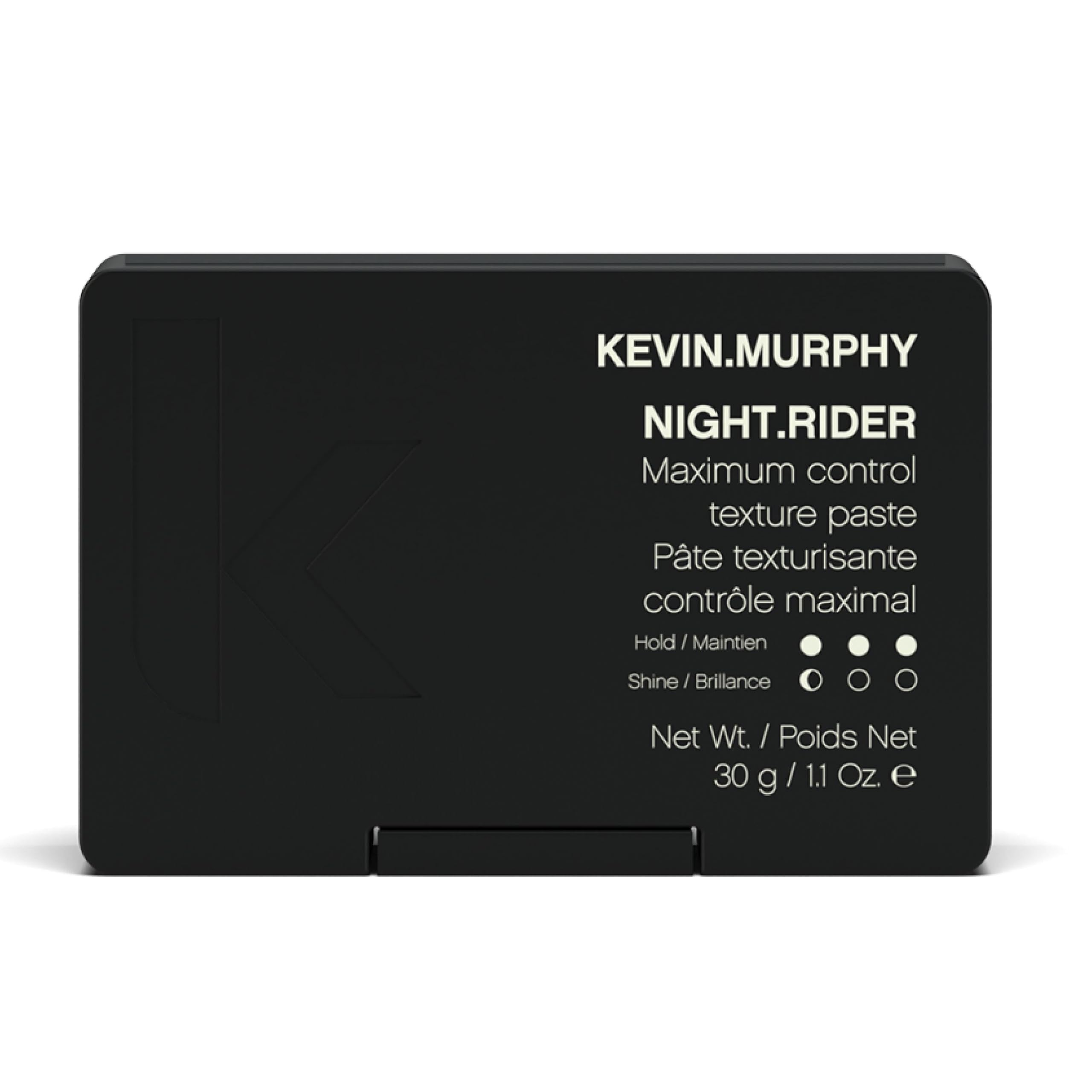 KEVIN.MURPHY NIGHT.RIDER packaging highlights strong hold for secure, matte textured styles.