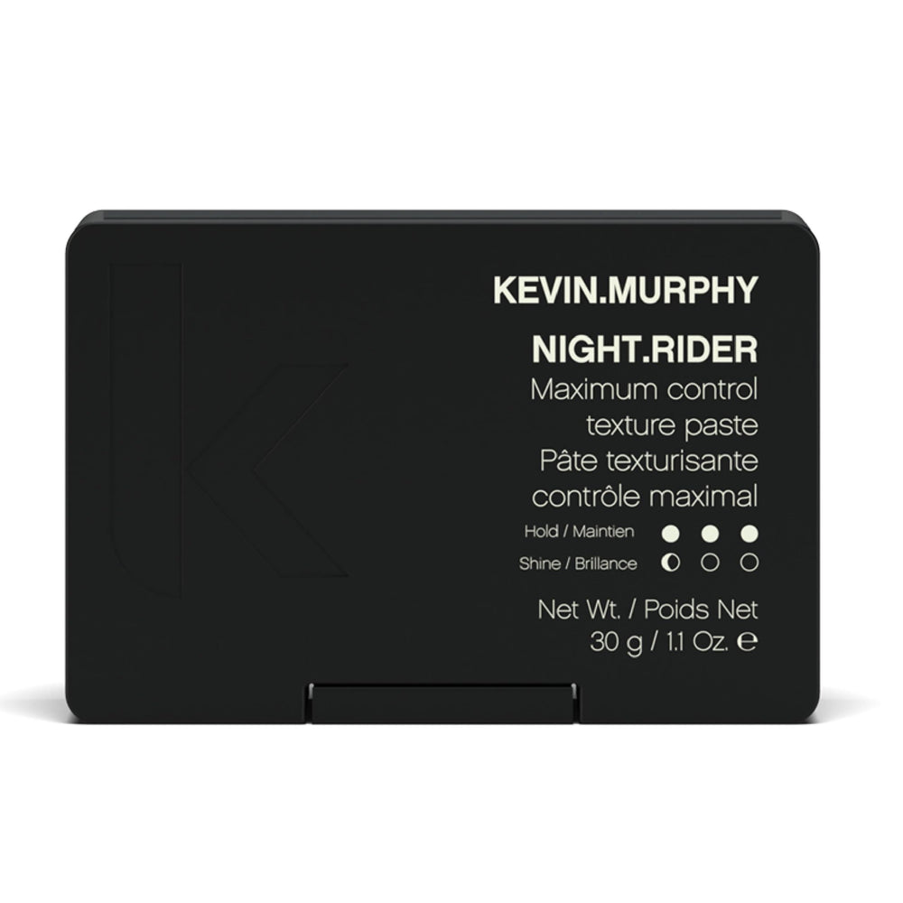 KEVIN.MURPHY NIGHT.RIDER packaging highlights strong hold for secure, matte textured styles.