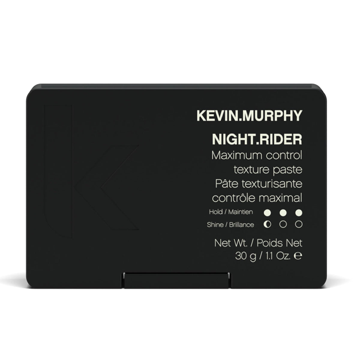 KEVIN.MURPHY NIGHT.RIDER packaging highlights strong hold for secure, matte textured styles.