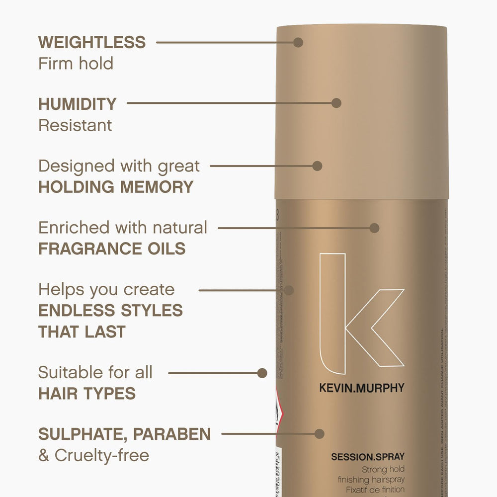 KEVIN.MURPHY SESSION.SPRAY ivy extract close-up highlighting conditioning botanicals.