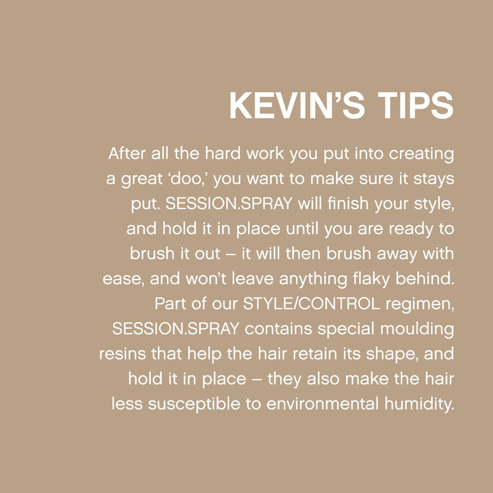 Kevin Murphy Session Strong Hold Finishing Spray packaging emphasizes eco-friendly design.
