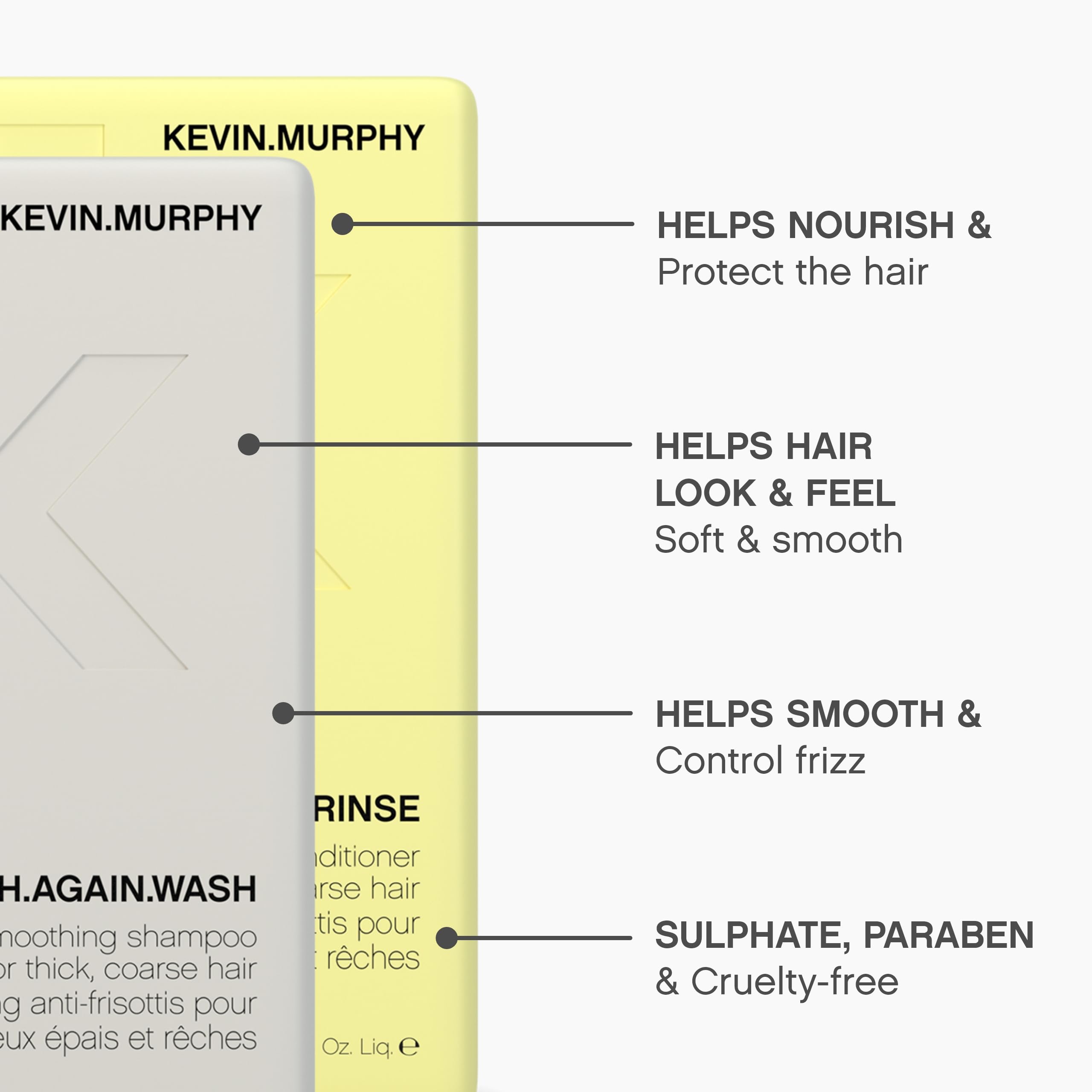 Kevin Murphy Smooth Again Rinse bottle signals conditioning for silky, manageable hair.