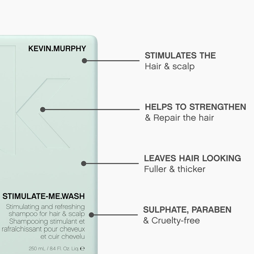 KEVIN.MURPHY STIMULATE-ME.WASH hair-thickening action shown with healthy scalp; use for fuller looks.