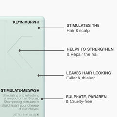 KEVIN.MURPHY STIMULATE-ME.WASH hair-thickening action shown with healthy scalp; use for fuller looks.