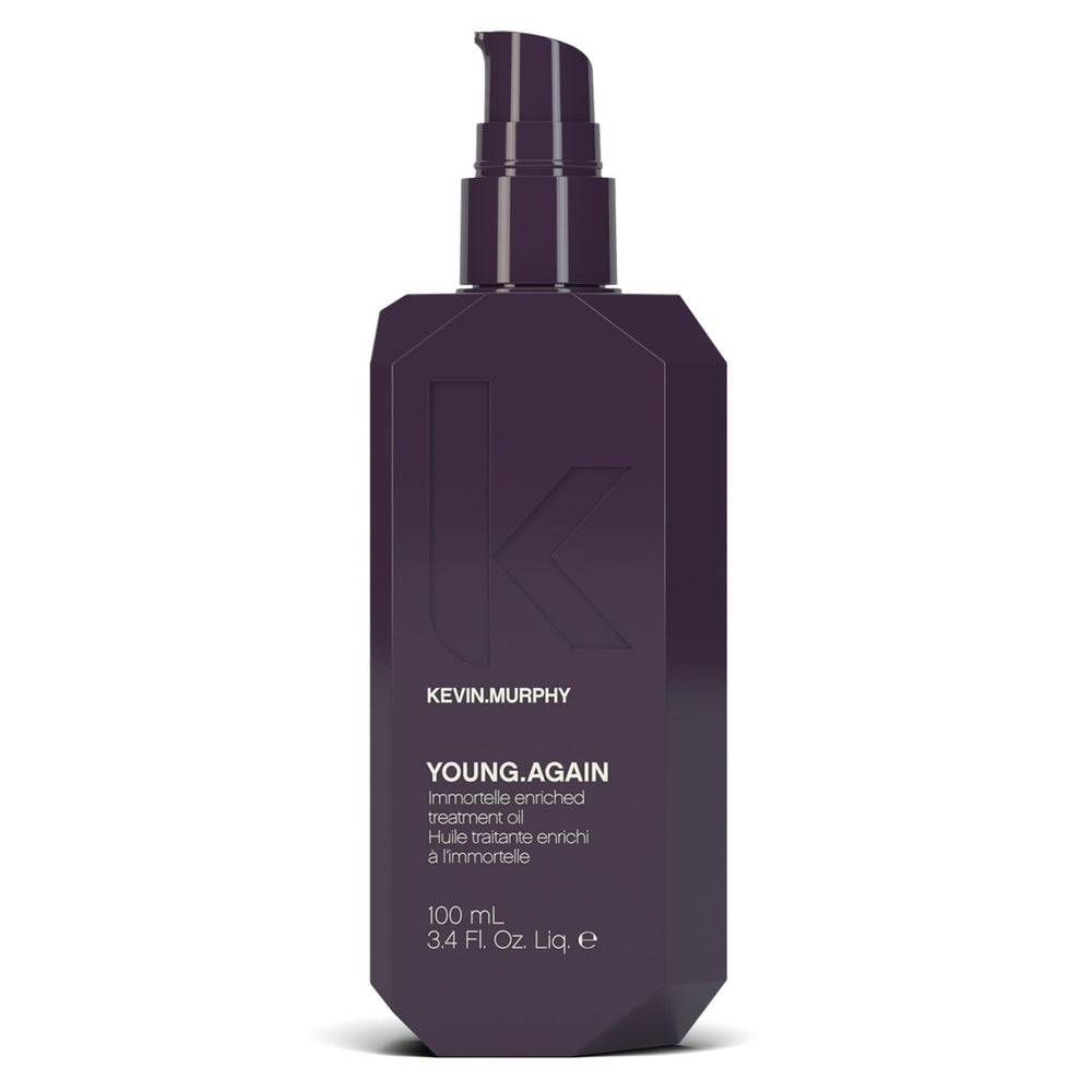 KEVIN.MURPHY YOUNG.AGAIN bottle closeup highlighting premium conditioning and radiant shine.