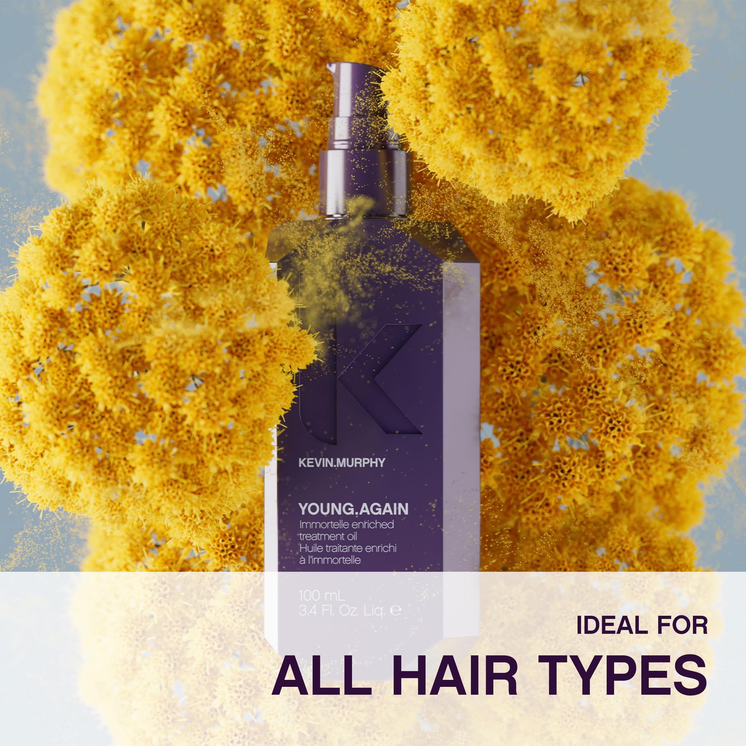 Kevin Murphy Young Again formula beside hair emphasizes restoring elasticity and bounce.