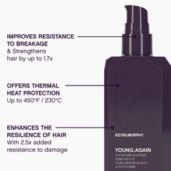 Kevin Murphy Young Again bottle emphasizes conditioning for glossy, manageable hair.