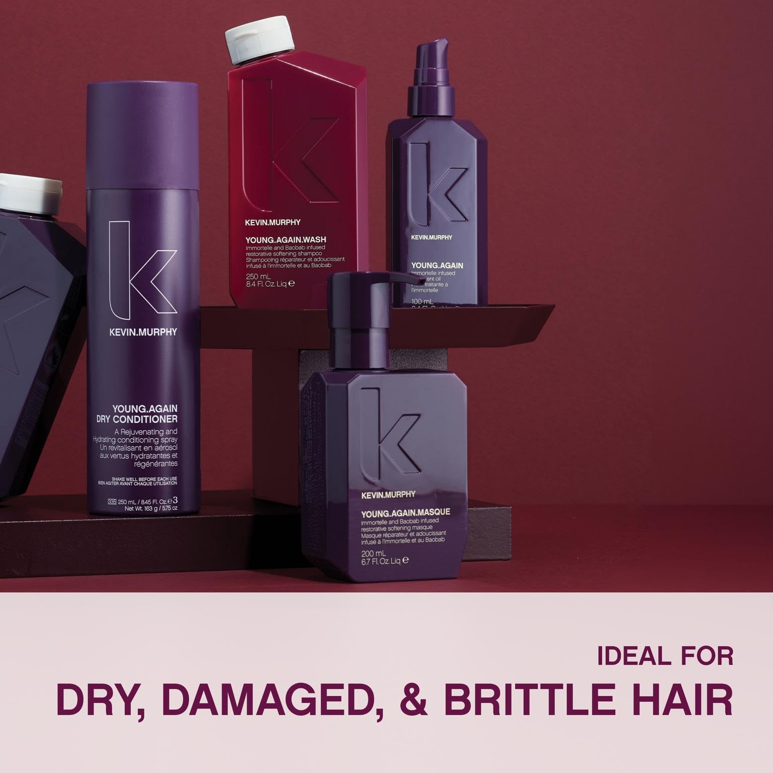 Kevin Murphy Young.Again.Wash damaged-hair closeup implies renewed lustre and smoother texture
