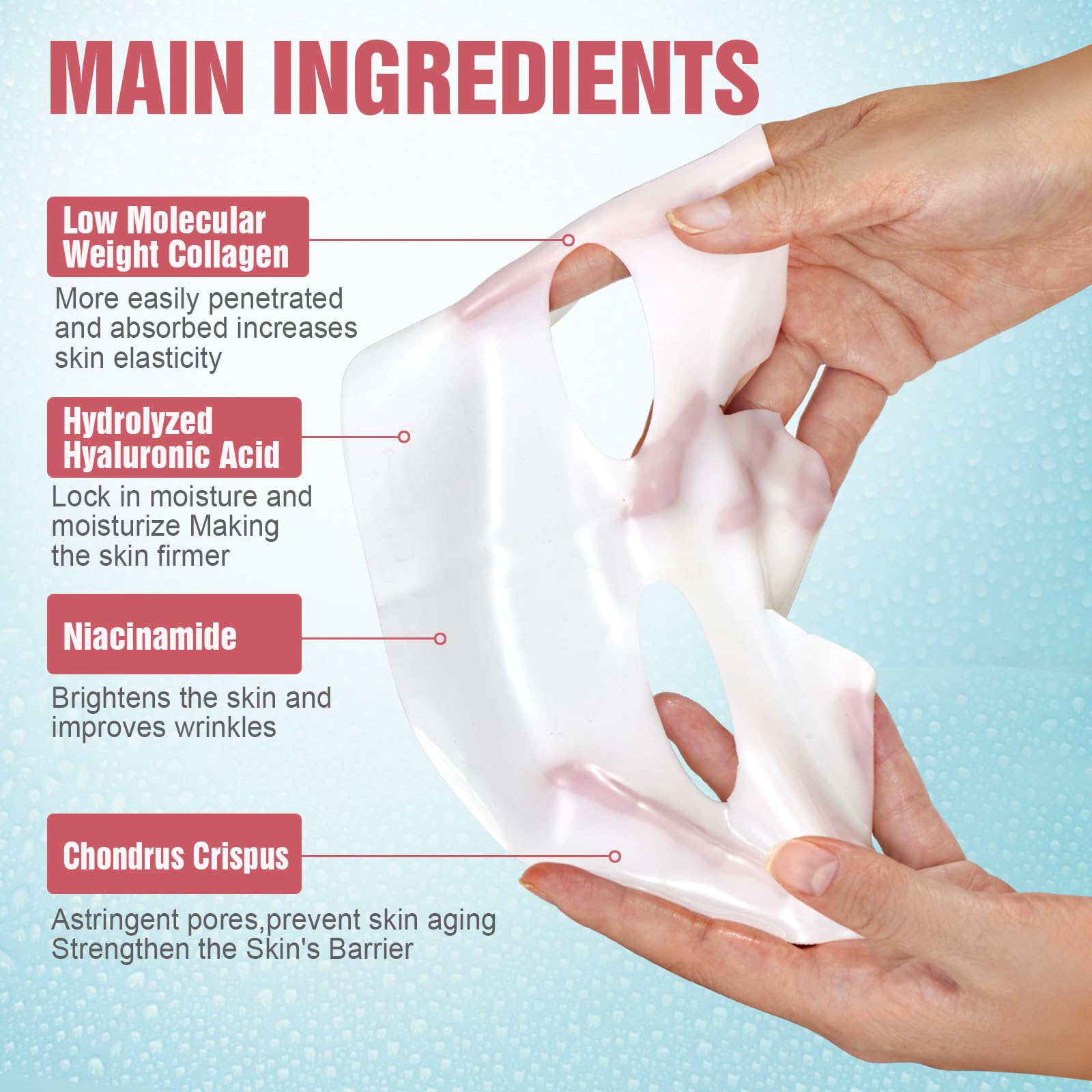 Kewhunt Bio-Collagen Hydrogel Mask closeup shows translucent sheet and smooth texture.