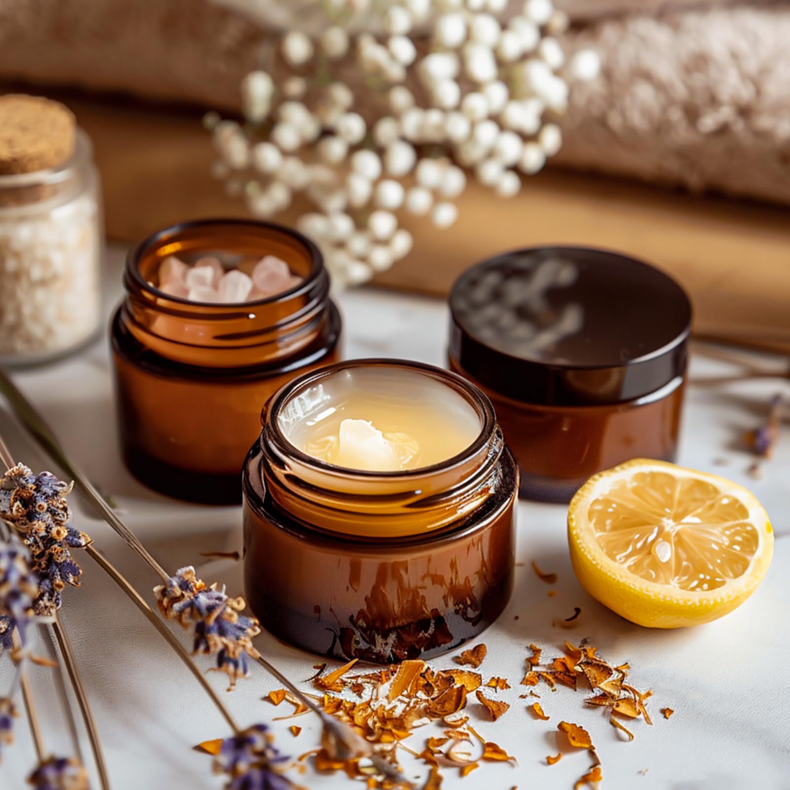 KEYWING 36-pack amber glass jars—durable, reusable containers for multiple projects.