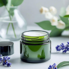 KEYWING green glass jar inner liner closeup highlights secure containment for creams.