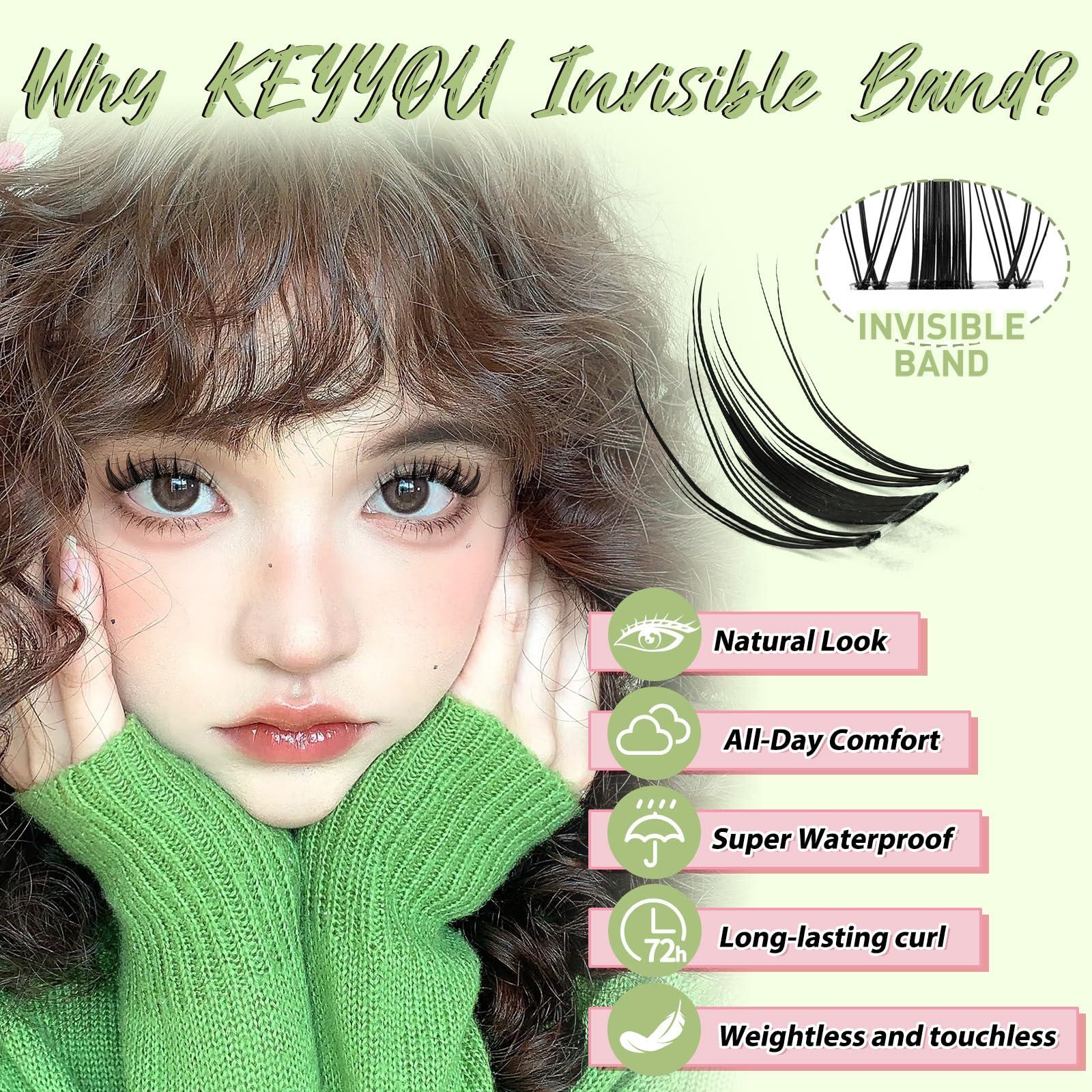 Close-up of KEYYOU D Curl wispy lashes showing natural invisible band blend.