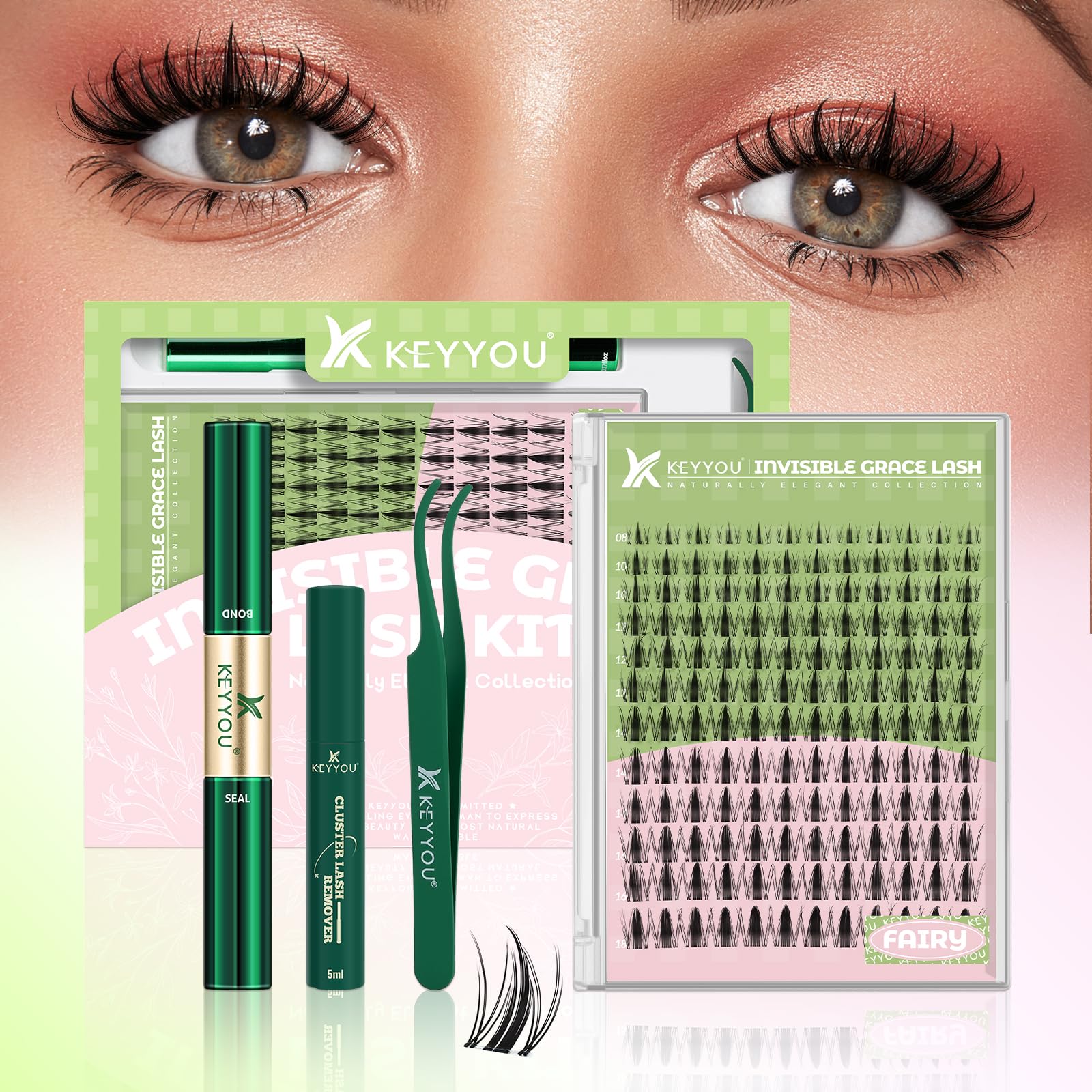 KEYYOU Fairy Lash Clusters Kit box shows compact at-home DIY packaging for easy use